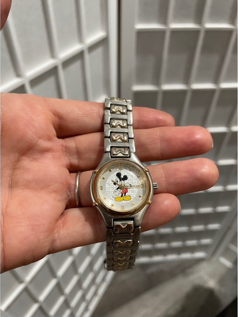 Vintage Mickey Mouse Stainless Steel Wristwatch with Gold Accents